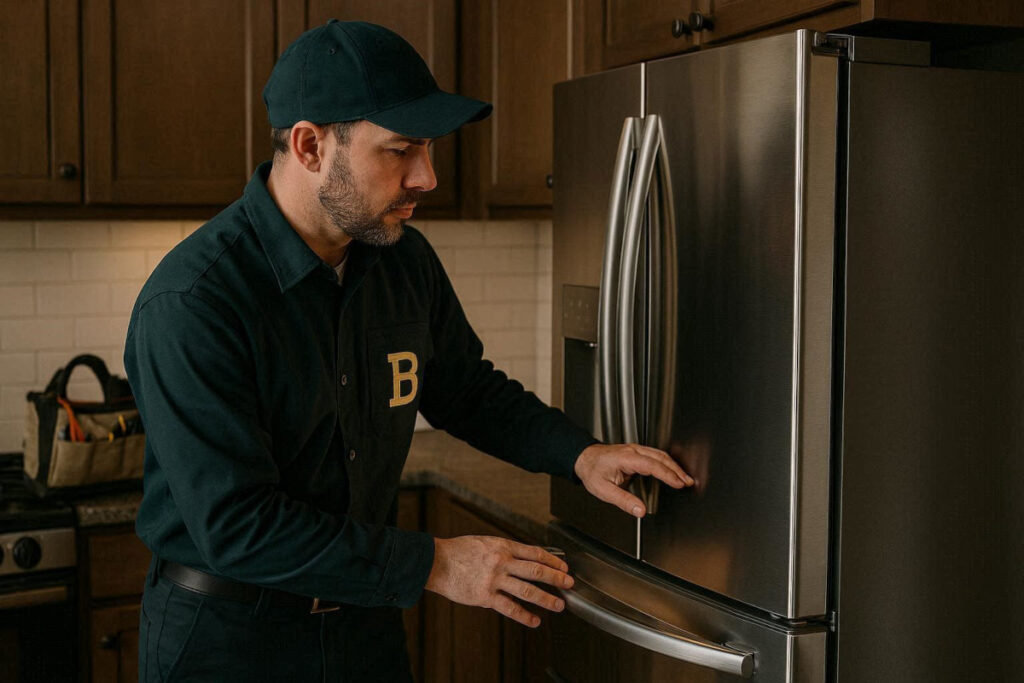 Why Is My Refrigerator Not Cooling? 2 Refrigerator repair technician inspecting a refrigerator not cooling in Brooklyn NY