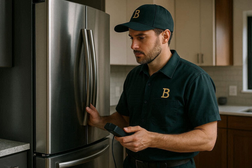 Why Is My Refrigerator Not Cooling? 10 Professional refrigerator repair technician in Brooklyn NY inspecting a residential refrigerator