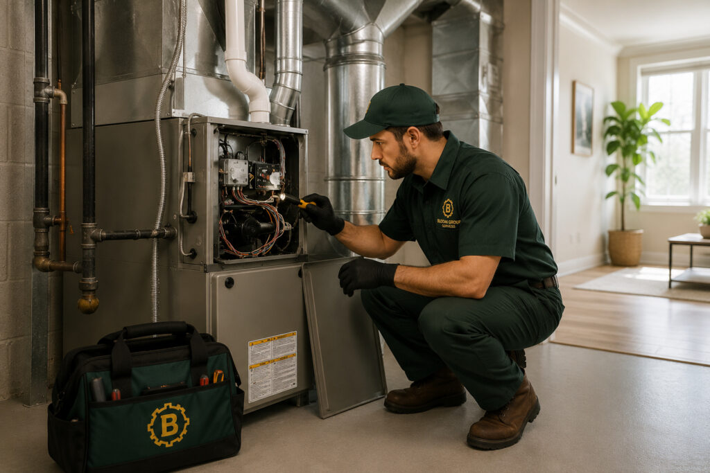 Licensed HVAC technician performing residential furnace inspection and preventive maintenance in Brooklyn, NY.