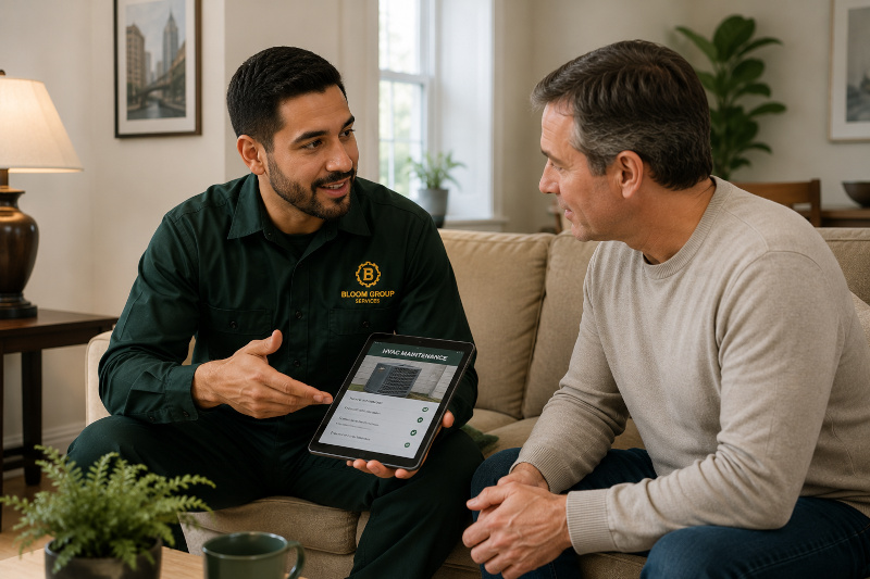 Licensed HVAC technician explaining maintenance recommendations to a homeowner during a residential service consultation in Brooklyn, NY.