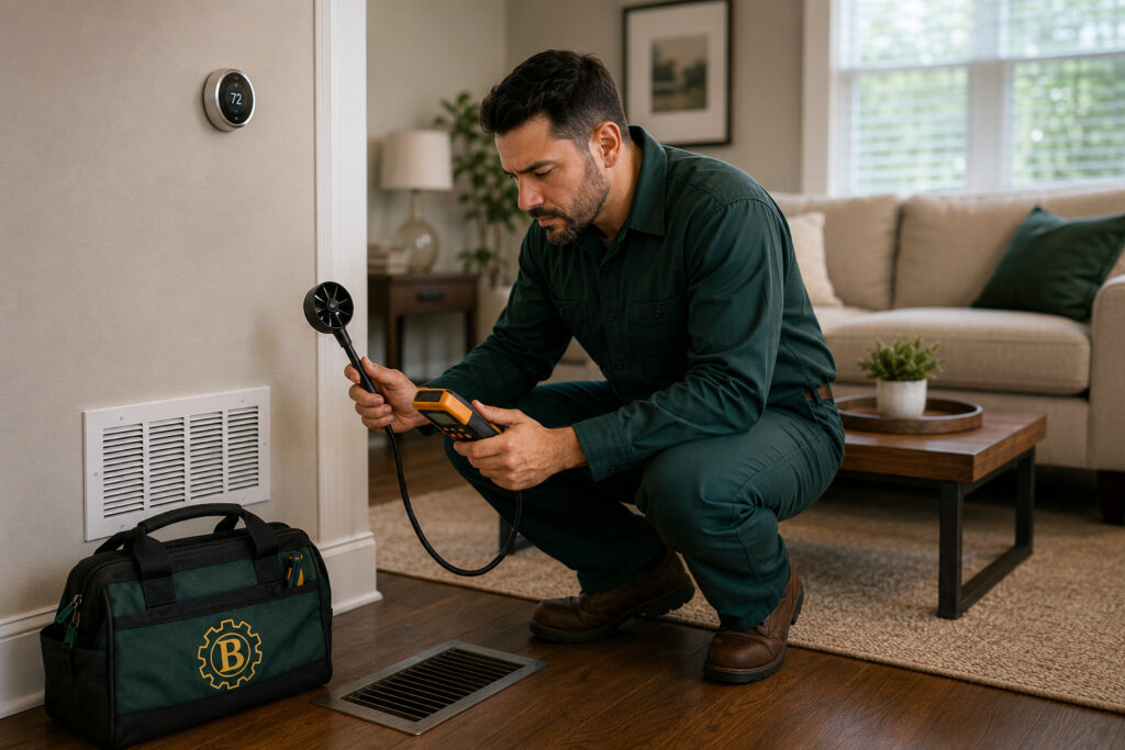 Licensed HVAC technician performing residential HVAC maintenance in a modern home in Brooklyn, NY.